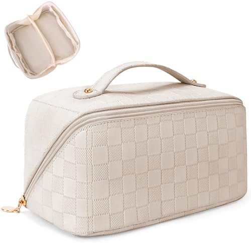 Kosmetiktasche mit großem Fassungsvermögen, flache Kosmetiktasche, große Make-up-Tasche für Damen, tragbar, wasserdicht, PU-Leder, Hautpflege-Tasche mit Griff und Trennwand, S02-Weiß, Für den