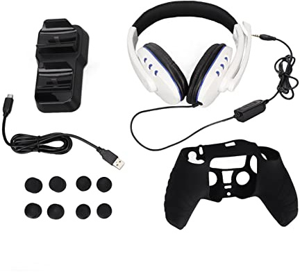 Vomeko Set di accessori per controller PS5 12 in 1 con cuffie da gioco, doppia stazione di ricarica, custodia protettiva e copertura per impugnatura per pollice per una migliore esperienza di gioco