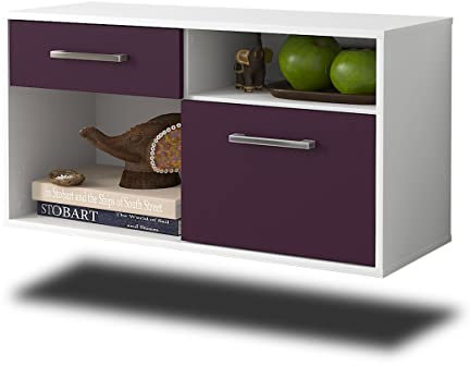 Lqliving Lowboard - Unterschrank Indianapolis, Wandmontiert, Korpus: Weiss matt, Front: Farb-Design Lila (92x49x35cm), mit Metall Griffen, Made in Germany
