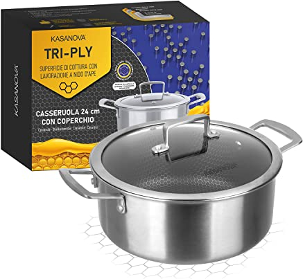 KASANOVA casseruola antiaderente induzione Tri-ply, casseruola con coperchio in vetro, rivestimento antiaderente indistruttibile a 3 strati (Casseruola 24 cm)