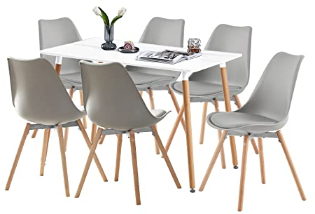 buybyroom Juego de comedor con 1 mesa blanca y 6 sillas grises para cocina, comedor, sala de estar, oficina y despensa