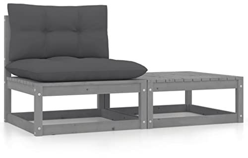 FIRBNUS 2-TLG. Garten-Lounge-Set mit Kissen Grau Kiefer Massivholz Balkonmöbel Set Garten Loungemöbel Set Gartengarnitur Holz Balcony Set Gartenmöbel Set Gartensofa Lounge Gartenmöbel Set