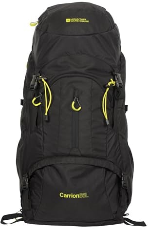 Mountain Warehouse Carrion 65 L-Rucksack – Tagesrucksack mit Gepolstertem Airmesh-Rücken, Stegschnallen, Regenhülle und vielen Taschen – Outdoor zu jeder Jahreszeit Schwarz EIN