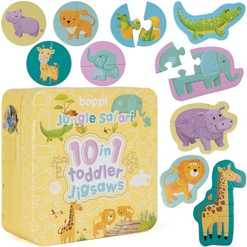 10 Puzzles in 1 Premium Progressive Jigsaw Puzzles for Toddlers 18 Months Plus With Gift Box - Jungle Animal Toddler Puzzles/Development Toys - Jungle Safari Puzzle by boppi - 100% Recycled Card