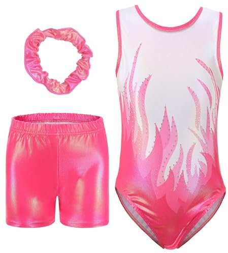 SEAUR Mädchen Turnanzug Turnshorts Haarband Set Kinder Turnen Trikot Shorts Gymnastik Ärmellos Gymnastikanzug Tanzen Kleidung 7-8 Jahre