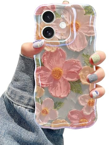 Jusy Case for iPhone 11, Colorful Retro Oil Painting Printed Flower Laser Blue Glossy Pattern Cute Curly Wave Phone Case Soft TPU Cover for Girly Women -Green