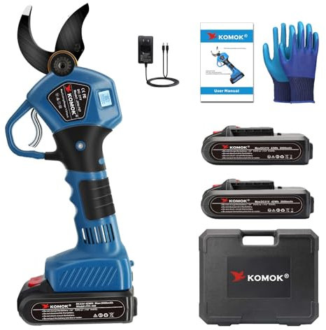 KOMOK Sécateur électrique, diamètre de coupe 40 mm, sécateur de jardin professionnel avec affichage LED, batterie au lithium rechargeable 2 Ah, temps de travail 6 à 8 heures