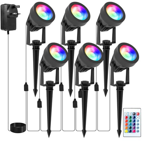 NATPOW Garden Lights Mains Powered, RGB Garden Landscape Spot Lights with Remote Control LED Outdoor Spike Light with Adapter, IP65 Waterproof 5V Outdoor Lighting for Lawn, Yard, Pathway