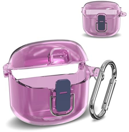 Funda protectora para JBL Tune Flex, MOWYEOK transparente, carcasa de bloqueo de seguridad de PC, especialmente diseñada para los auriculares JBL Tune Flex, con mosquetón (morado)