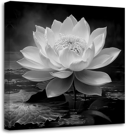 LZIMU Schwarz Weiß Zen Leinwandbilder Blüten Lotus Bild Seerose Drucke spirituelle Kunstwerke für Badezimmer Meditation Yoga Spa Raumdekoration(Bild-3, (40.00 x 40.00 cms))