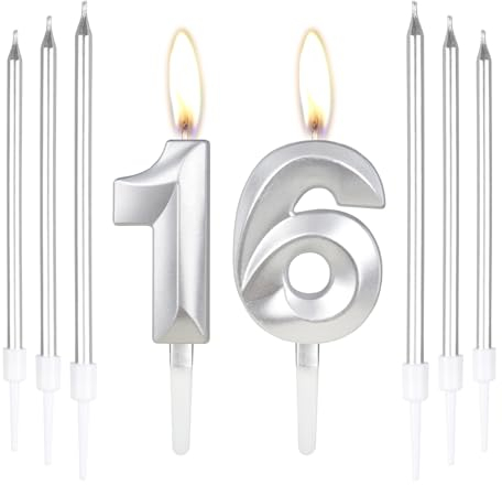 16 Geburtstag Party Silber Zahlenkerzen mit langen Kerzen Tortendeko Set