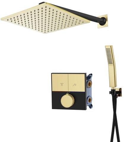 LNXGJJ Colonne de Douche Thermostatique, Noir et Or Brossé Colonne Douche Encastrable 2 Fonctions Ensemble de Douche Mural Kit de Douche avec Pommeau de Douche et Douchette