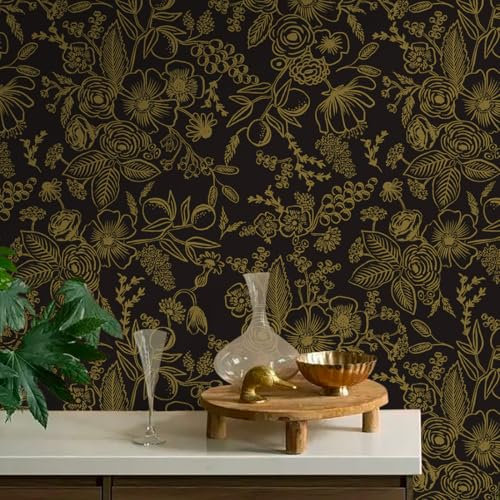 LiKiLiKi 44cm x 10m Floral Black and Gold Wallpaper Retro Peel and Stick Wallpaper Vinyl Wrap Contact Paper Waterproof and Removable Wallpaper for Bedroom Dining Room Self Adhesive Drawer