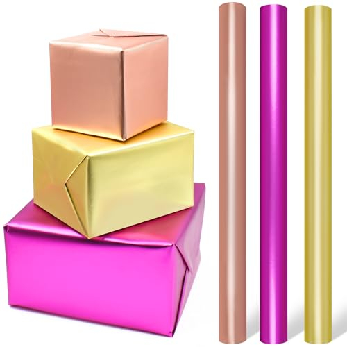LZRinue Geschenkpapierrolle, rosarot, gold, pink, metallisches Geschenkpapier, mattes Geschenkpapier für Geburtstag, Weihnachten, Abschlussfeier, Hochzeit, Basteln, 43 cm x 3 m.