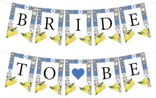 Blaue Fliesen Zitronen Brautdusche Dekorationen – Capri Zitrone Bride to Be Banner, mediterrane Brautdusche Wimpelkette Banner, Italien Amalfiküste Bachelorette Wochenende Party Dekor
