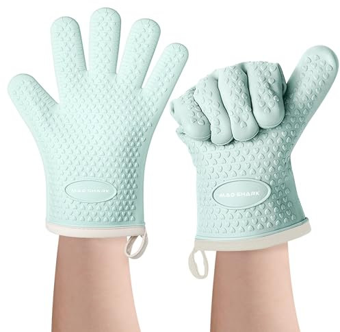 MAD SHARK Silicone Oven Mitts Heat Resistant 450 Degrees with Waterproof & Non-Slip Oven Gloves with Fingers, Silicone Smoker Oven Mittens for Baking Cooking Barbecue (Green)