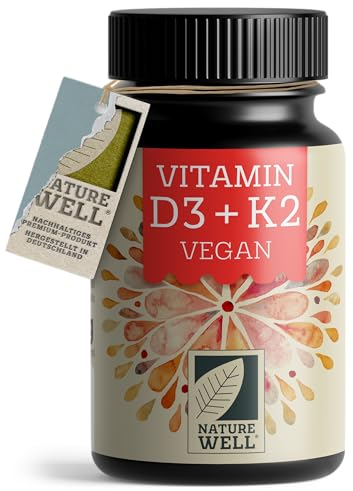 Vitamin D3 K2 VEGAN - 180 Tabletten mit 5000 IE D3 + 200 mcg K2 - Vitamin D3 hochdosiert und vegan - Vorratspackung - laborgeprüft mit Zertifikat - ohne unerwünschte Zusatzstoffe
