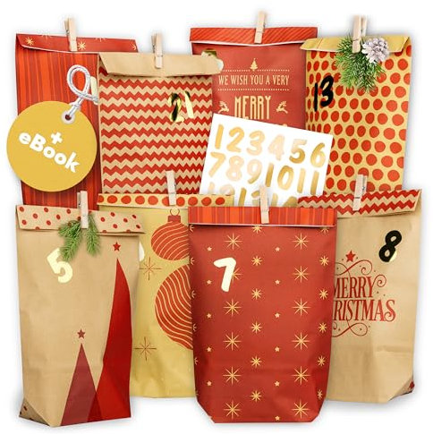 AMARI ® Adventskalender zum Befüllen Nr. 18 Red Mix - 24 Papier Adventstüten (mit Holzklammern) zum Basteln für Weihnachten - Papier Weihnachtstüten