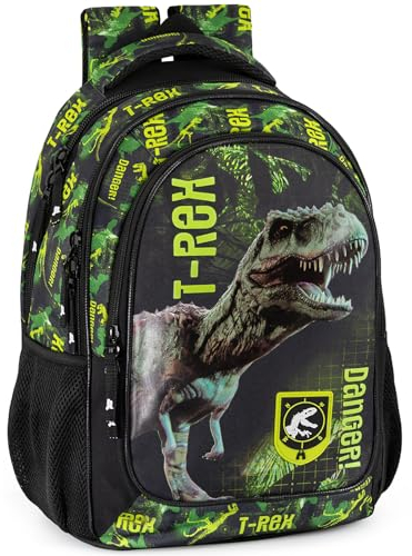 Julian Ross Grün Dinosaurier T-Rex Ergonomischer Schulrucksack für Kinder, 33x15x43cm, 3 Fächer, Netz für Trinkflasche, Gepolsterte Träger, Griff, Gefüttertes Innenfach, Rucksack Jungen