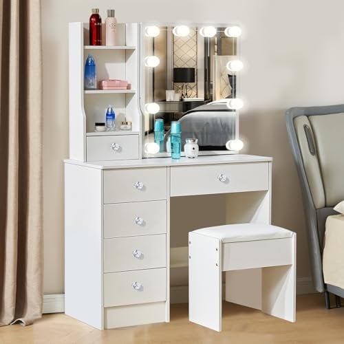 Vanity Desk with Sliding Mirror and Lights, Dressing Table With Mirror and Stool, Vanity Table with Drawers, 3 Color Lighting Modes, Brightness Adjustable, Vanity Makeup Table,Makeup Desk for Bedroom