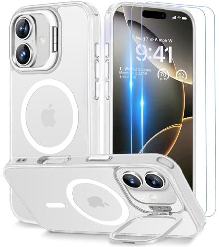 Beeasy für iPhone 16 Hülle für MagSafe mit Ständer, Handyhülle mit 2 Stück Schutzfolie, Magnetische Stoßfest Schutzhülle für iPhone 16 Case 6,1 Zoll, Durchscheinend Matt Weiß