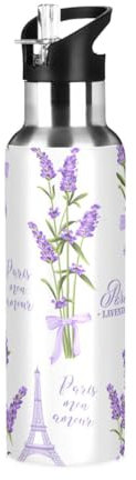 Yopersonalizes Bouteille d'eau isotherme avec paille - 1 l - Tour Eiffel - Lavande - Bouteille d'eau de sport étanche en métal chaud et froid pour voyage, salle de sport