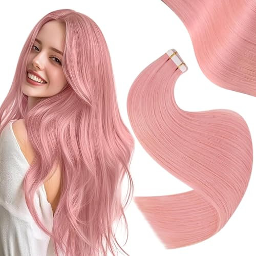 Easyouth Tape Extensions Echthaar Rosa Extensions Tape Echthaar Rosa Haarverlängerungen Tape in Extension Remy Menschenhaar Glatt #Pink 40 cm 25g 10pcs