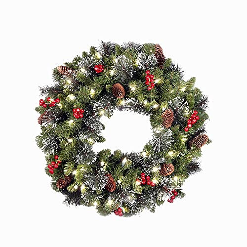 FOUDAY Artificial Christmas Wreath with LED Light, Pine Cones, Berry Clusters, Frosted Branches, Indoor/Outdoor Home Decor (50cm/19.86in)