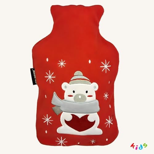 CALINDOO - Natural Rubber Hot Water Bottle with Soft Premium Cover - Designed in a Unique CALINDOO Mould - Airtight Cap - Red Cover with Teddy Bear - Christmas - 2L