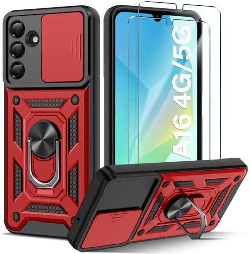 Guisessy Funda para Samsung Galaxy A16 5G/4G, Rojo | 2 Protector Pantallar, Armor Carcasa Cubierta de Cámara Deslizante Proteger con 360 Anillo Soporte PC y Silicona TPU Case