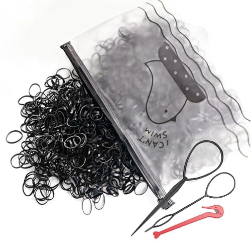 Hanyousheng 1000 Stück Elastische Haargummis, Haargummis Klein, Haarschwanz-Werkzeuge, für Mädchen Dame Puppe Haarstyling, Mit 1 Stück Haarbänder Cutter Entferner+2 Flechthilfe Haare(schwarze)