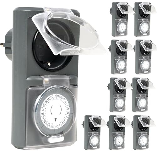 Menz Zeitschaltuhr Aussenbereich, 10 Stück, Grau | Mechanische Zeitschalter Steckdose außen, IP44 Zeitschalter analog außen, ca. 3,7 kW Outdoor Timer für Steckdose außen