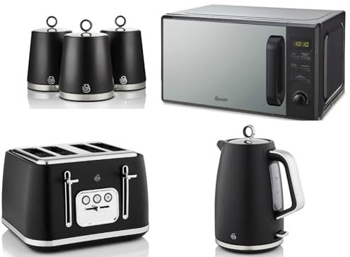 Swan Serenity Black 1.7L 3KW Kettle, 4 Slice Toaster, Tea, Coffee, Sugar Canisters and 20L 800W Digital Microwave SM4421BLK. Contemporary Design Matching Kitchen Set with a Sleek Black Finish