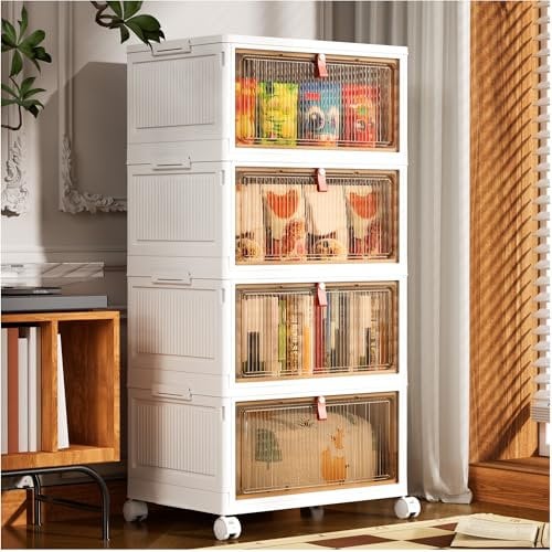 PurKeep Storage Boxes with Lid - 28L*4 Tier Plastic Storage Box with Lid, Stackable Boxes with Wheels, S torage Drawers with Front Door, Plastic Box for Home and Office, White, 4 Packs