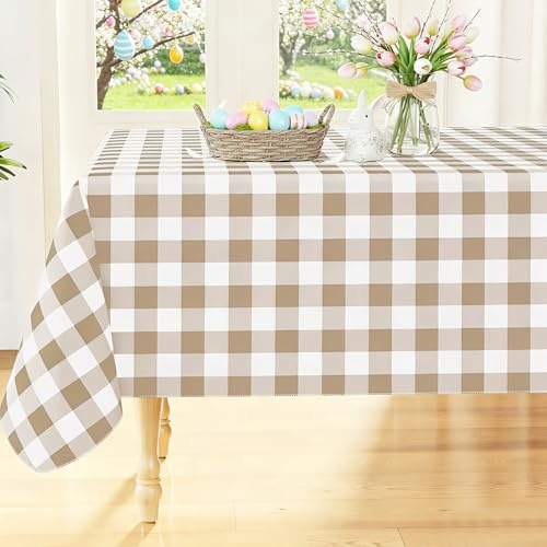 Smiry Rectangle Table Cloth, Waterproof Vinyl Tablecloths with Flannel Backing, Wipeable Buffalo Plaid Table Cover for Picnic, Indoor and Outdoor (Khaki & White, 60x84)