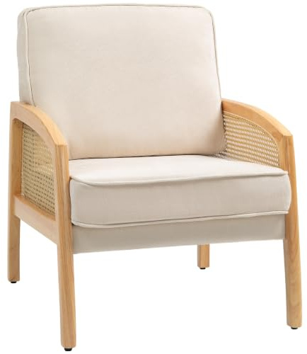 HOMCOM Sillón de Salón Tapizado en Chenilla 120 kg 67x75x88 cm Beige | Butaca para Dormitorio, 1 Almohada Lavable, Reposabrazos de Ratán Sintético