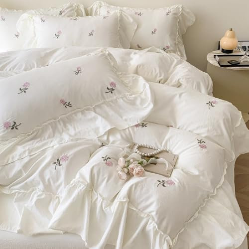 Sedefen Feuille de Lotus Housse de Couette 200x200cm Broderies Fleurs + 2 taies d'oreiller 65x65cm Ado Fille Adulte Blanc Rose Volants Romantique Parure de Lit 2 Personnes Avez Fermeture Éclair