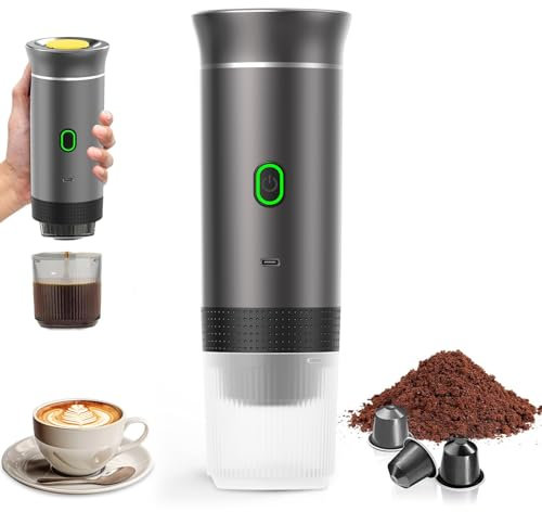 PZCC Cafetera Portatil, Cafetera Portátil Cápsula de Espresso 3 en 1, Autocalentamiento de 2a 6 Minutos, Para Cápsulas Pequeñas o Grandes y Café Molido, Cafetera Portátil para Oficina y Hogar (Gris)