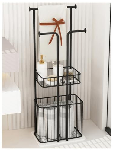 Porte-Serviettes sur Pied avec Panier à Linge et Base en marbre, Support en métal pour Serviettes de Salle de Bain (Noir)