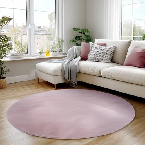 Carpettex Runder Teppich Rosa 160 cm- Kurzflor Teppich Waschbar, rund, weich & rutschfest, modern einfarbiges Design für Wohnzimmer, Küche Schlafzimmer, & Kinderzimmer