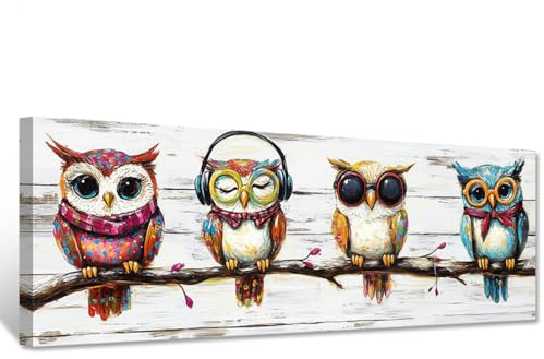 CXHOSTENT Bunte Eulen-Wandkunst lustiges Tier-Leinwandbild Eule mit Brille Bild süße Tiere Gemälde Druck Kinderzimmer Kinderzimmerdekor Rahmen (20L x 60B cm)