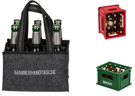 Out of the blue Set Männerhandtasche Filz & 1x magnetischer Flaschenöffner Bierkiste | für 6 Bierflaschen | Bestickt | Biertasche
