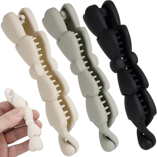Winsyison 3pcs Banana Hair Clips, Non-Slip Large Hairstyle Claws for Women, Vintage 90 Style Double Combs Hairpin Accessories for Thick Thin Fine Curly Straight Long Hair- Black & Gray & Skin-Color