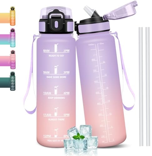 Mulbijeo Gourde 1l, Étanches, Gourde Paille, sans BPA & Réutilisable, Bouteille, Motivation Bouteille d'eau, Avec Marqueur de Temps, Gourde Sport pour Gym, Ecole, Cyclisme, Plein air, Sport
