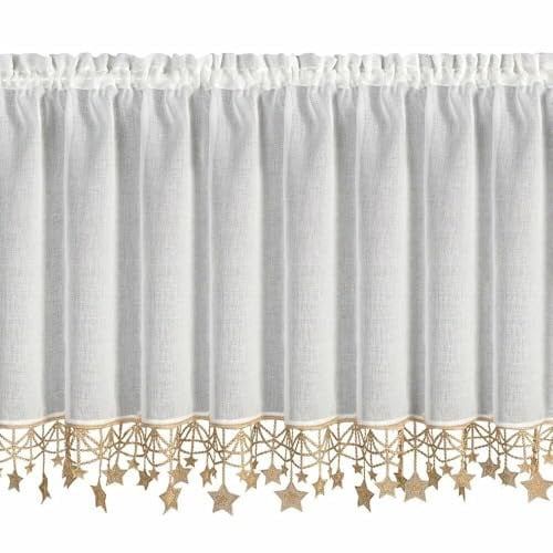 Eurofirany Scheibengardine Bistrogardine 60x150cm Weihnachten weiß mit golden Sternen Etamin Gardine Halbtransparent Weihnachtsmotiv Fensterdekoration Küche Esszimmer
