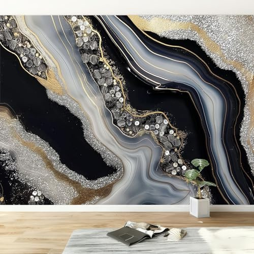 Fototapete Schwarz Gold Tapete B300 x H210 cm, Marmor Schwarz Weiß Streifen Geometrie Foto Tapete Schlafzimmer Wohnzimmer Vliestapete - XXL Motivtapeten Bildtapete 3d Effekt Wand Dekoration