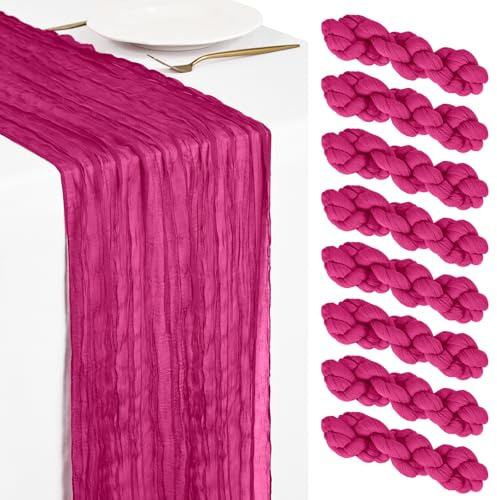 Showgeous Lote de 8 Caminos de Mesa de Gasa Fucsia 45x275cm Gasa Estilo Boho Caminos de Mesa Rústicos Románticos Transparentes para Bodas Baby Shower Cumpleaños Fiestas Decoración del Hogar