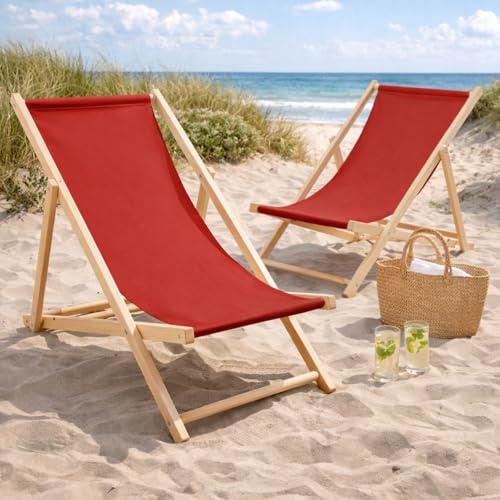 HAGO24 Strandliege Rot 3er Set Sonnenliege Gartenliege Liegestuhl Klappstuhl Holz Kiefernholz Polyester 3fach verstellbar faltbar Balkon Terrasse 120kg