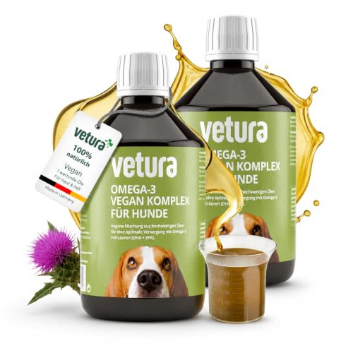 Vetura Omega-3 Öl Hund 100% vegan 2x500ml - Algenöl & DHA für Haut & Fell | Über 30 % Omega-3 (DHA & ALA) für eine ausgeglichene Nährstoffzufuhr im täglichen Futterplan, ideal zur BARF-Fütterung.
