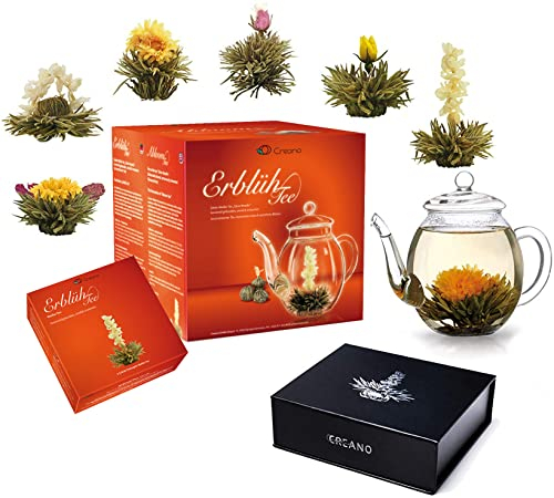 Creano Mix-Set Regalo Fiori di Tè con Teiera in Vetro + 12 Fiori di Tè in Scatola di Magnetica in 6 Varianti | Tè bianco